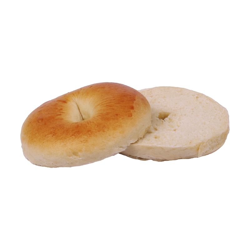Aufgeschnittener heller Bagel, Deckel und Boden mit den Schnittflächen nebeneinander