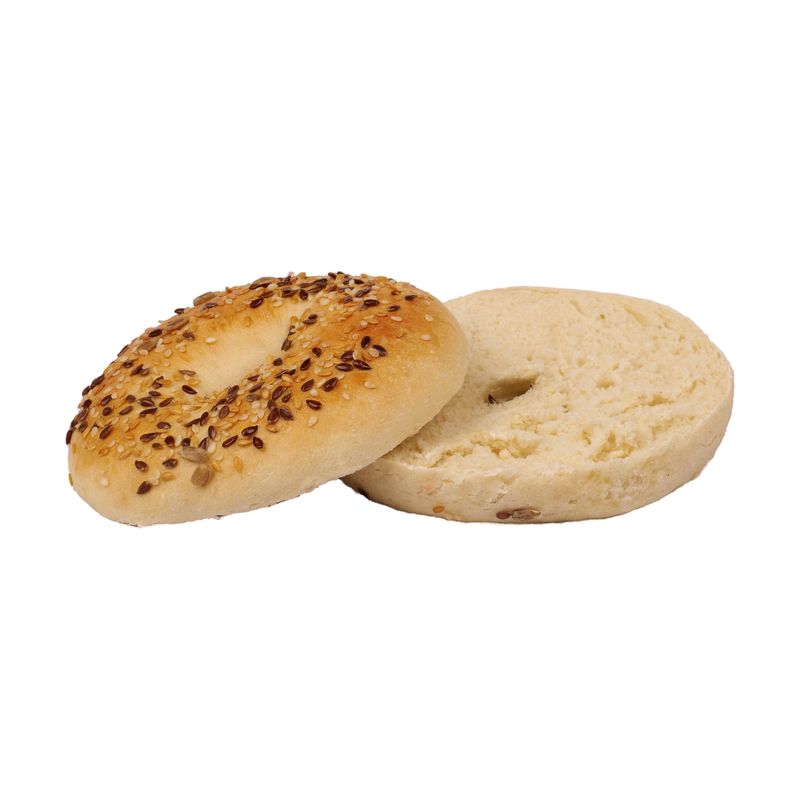Aufgeschnittener Mehrkorn-Bagel, Deckel und Boden mit den Schnittflächen nebeneinander