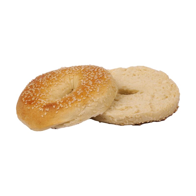 Aufgeschnittener Sesam-Bagel, Deckel und Boden mit den Schnittflächen nebeneinander