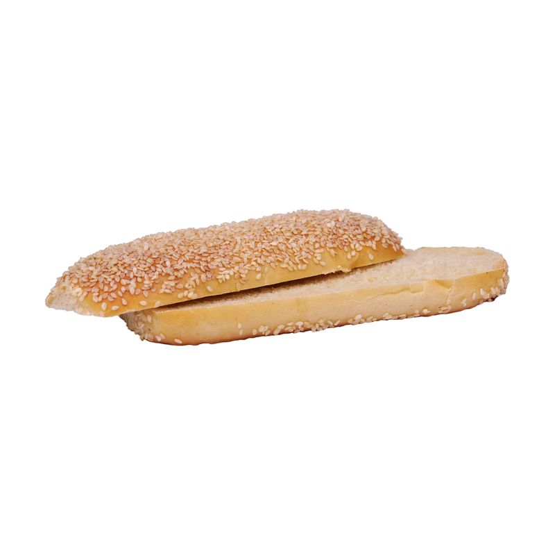 Längs aufgeschnittenes Sesam-Baguette, die helle Krume ist sichtbar