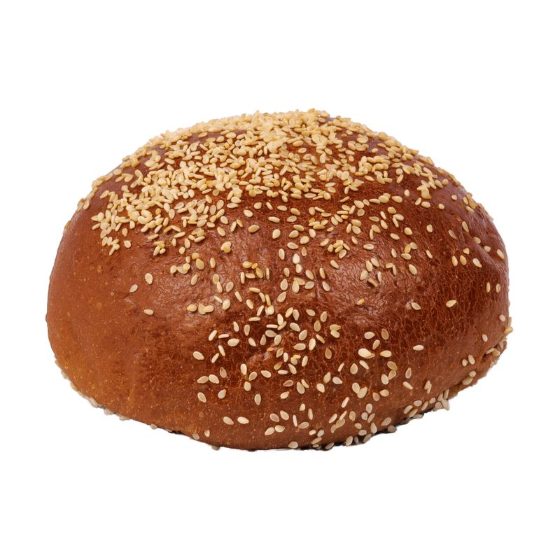 Kräftig gebackener Mischbrot-Bun, dicht mit hellem Sesam bestreut