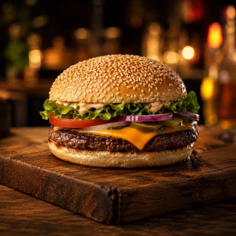 KI-generiertes Anwendungsbild: fertig belegter Cheeseburger mit Salat, Tomate und Zwiebel auf einem Holzbrett