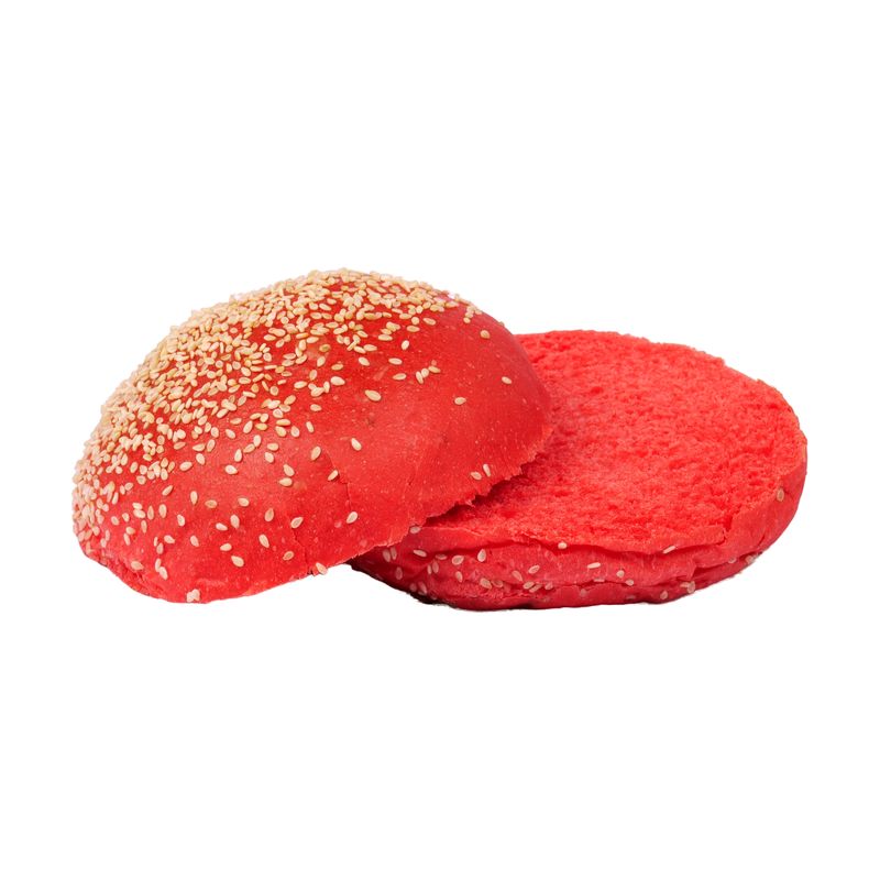 Aufgeschnittener roter Bun, Deckel und Boden mit den Schnittflächen nebeneinander