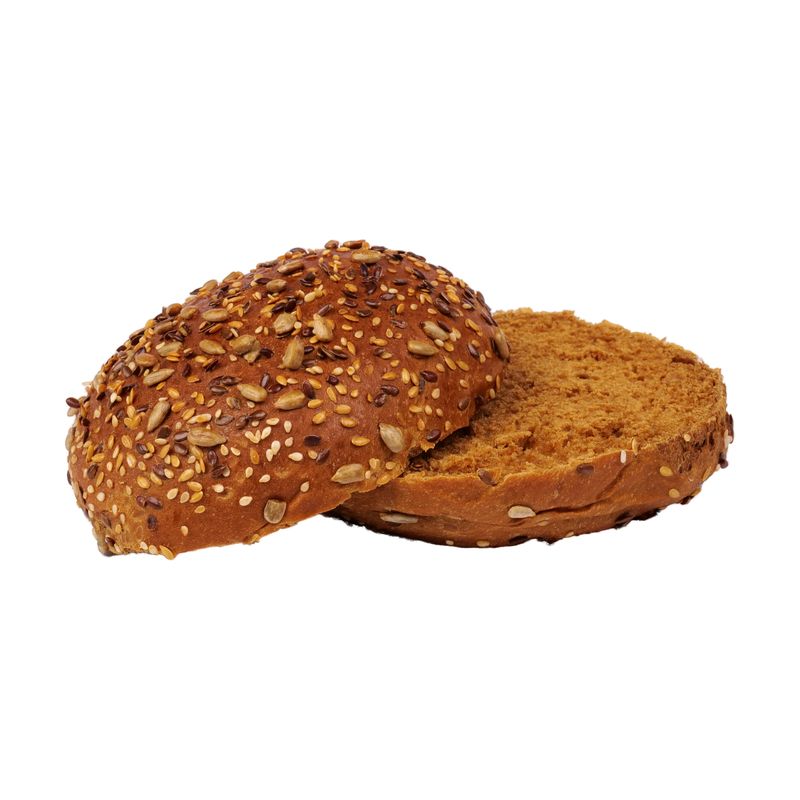 Aufgeschnittener Vollkorn-Bun, Deckel und Boden mit den Schnittflächen nebeneinander