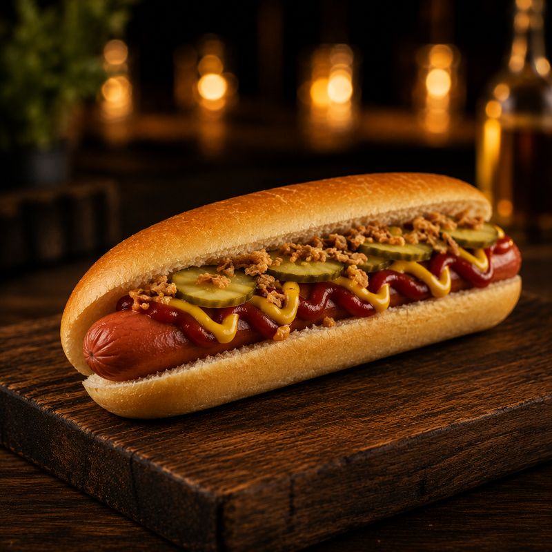 KI-generiertes Anwendungsbild: Hotdog mit Wurst, Ketchup, Senf, Gurkenscheiben und Röstzwiebeln